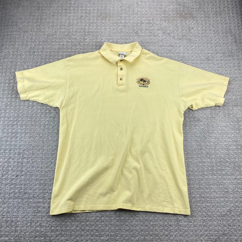 Hawaii Polo Shirt Men 2XL Yellow Anvil Waikiki Beach Hawaiian Golf Embroidered